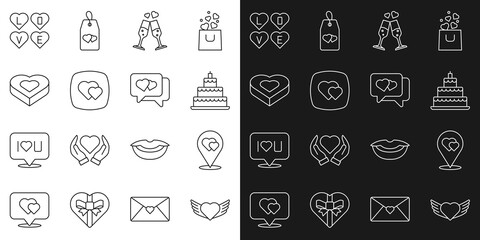 Set line Heart with wings, Location heart, Wedding cake, Glass of champagne, Candy shaped box, Love text and speech bubble icon. Vector