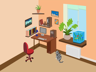 color vector illustration depicting the interior of a room with a desktop, a computer, bookshelves, plants, an aquarium and a domestic cat in a cartoon style for interior decoration