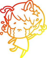 warm gradient line drawing cartoon crying alien girl