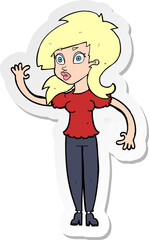 sticker of a cartoon pretty woman waving