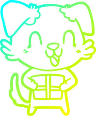 cold gradient line drawing laughing cartoon dog with christmas present