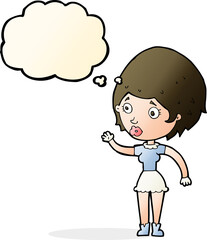 cartoon woman waving with thought bubble