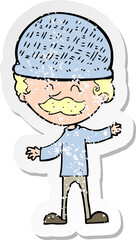 retro distressed sticker of a cartoon man wearing hat