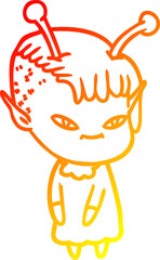warm gradient line drawing cute cartoon alien girl