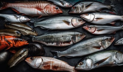 Obraz premium many type of fresh fish on table, Generative Ai