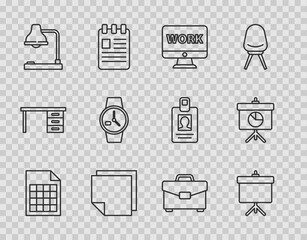 Set line File document, Chalkboard with diagram, Monitor text work, Post note stickers, Table lamp, Wrist watch, Briefcase and icon. Vector