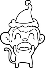 shouting line drawing of a monkey wearing santa hat
