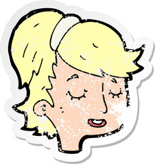 retro distressed sticker of a cartoon pretty female face