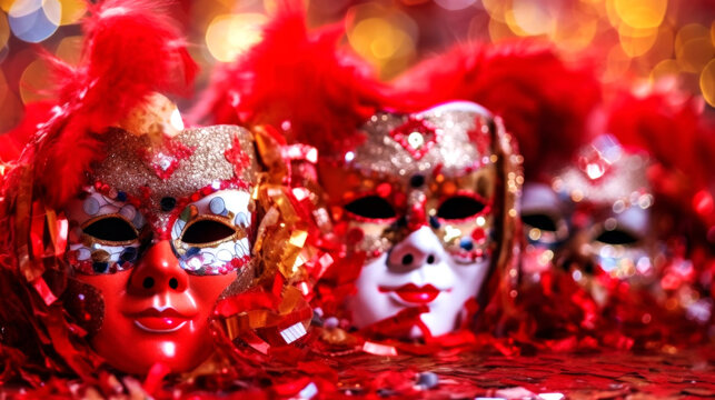 Exquisite Venetian masks on a Red glitter background with shiny streamers and bokeh lights. Perfect for a masquerade party. Generative AI 
