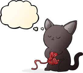 cartoon cute black cat playing with ball of yarn with thought bubble