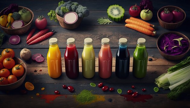 many type of homemade raw fresh vegan healthy juice bottles on wooden table, Generative Ai