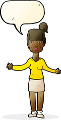 cartoon woman shrugging shoulders with speech bubble