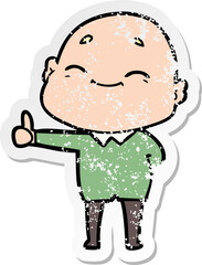 distressed sticker of a happy cartoon bald man