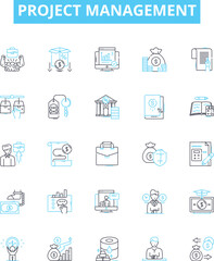 Project management vector line icons set. Planning, Managing, Scheduling, Tracking, Organizing, Budgeting, Risk illustration outline concept symbols and signs