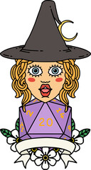 human witch with natural twenty dice roll illustration