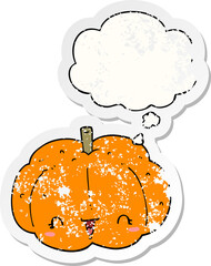 cartoon pumpkin and thought bubble as a distressed worn sticker