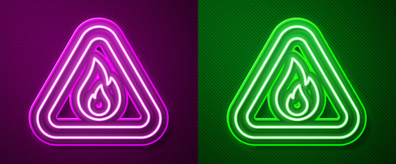 Glowing neon line Fire flame in triangle icon isolated on purple and green background. Warning sign of flammable product. Vector