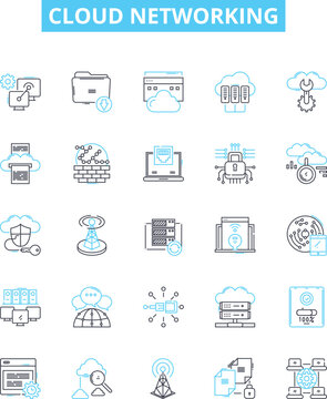 Cloud networking vector line icons set. Cloud, Networking, CloudComputing, SaaS, SA, IaaS, PaaS illustration outline concept symbols and signs