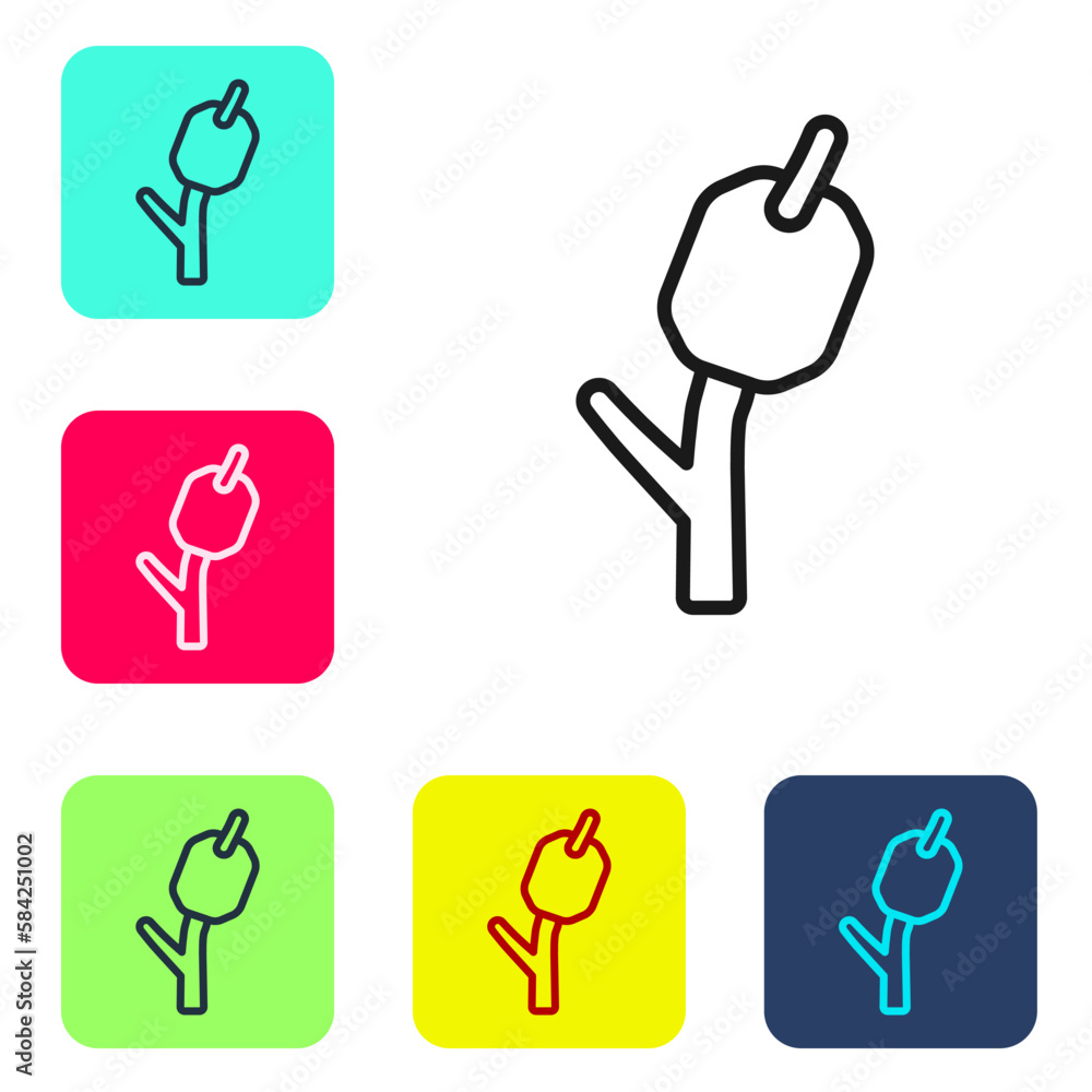 Poster black line marshmallow on stick icon isolated on white background. set icons in color square buttons