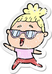 distressed sticker of a cartoon happy woman wearing spectacles