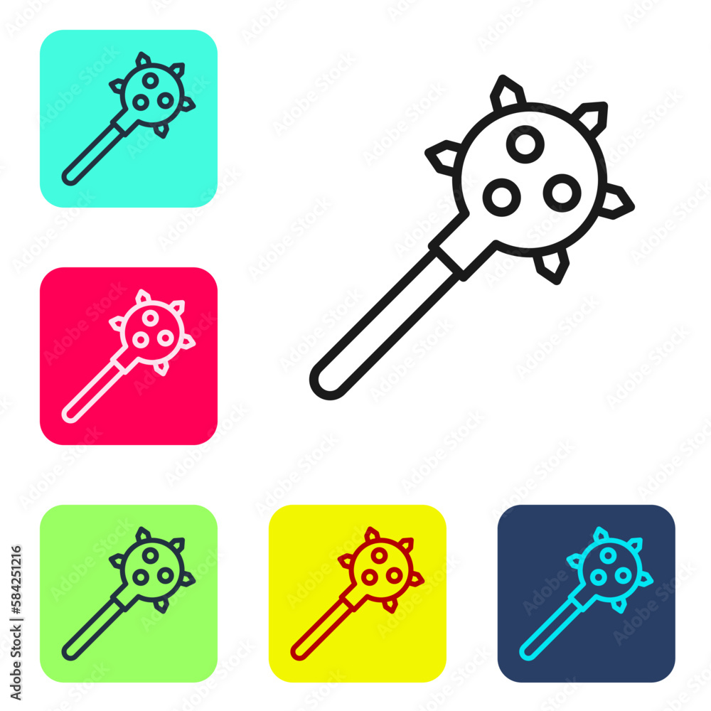Poster black line medieval chained mace ball icon isolated on white background. morgenstern medieval weapon