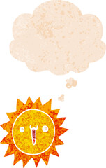 cartoon sun and thought bubble in retro textured style