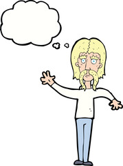 cartoon waving man with mustache with thought bubble