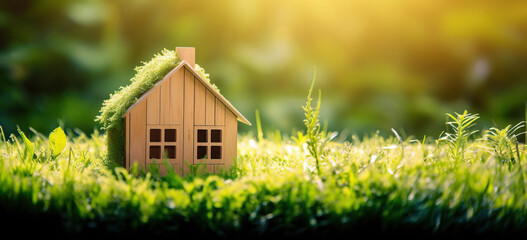 Fototapeta na wymiar Eco house. Green and environmentally friendly housing concept. generative ai. Miniature wooden house in spring grass, moss and ferns on a sunny day