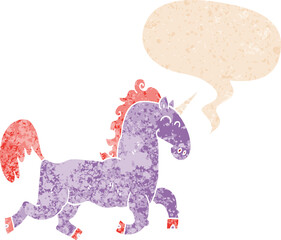 cartoon unicorn and speech bubble in retro textured style