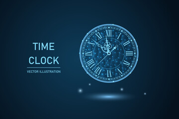 Happy New Year greeting card with glowing low poly roman numeral clock on dark blue background.