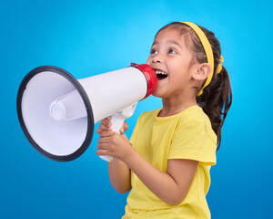 Communication, speech and child with megaphone for news, opinion and announcement on blue...
