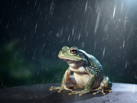 Nahaufnahme eines Frosches im starken Regen auf einem Stein