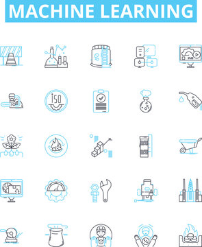 Machine learning vector line icons set. machine, learning, artificial, intelligence, algorithm, data, model illustration outline concept symbols and signs