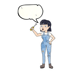 speech bubble textured cartoon female mechanic
