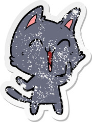 distressed sticker of a happy cartoon cat