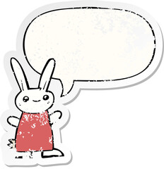 cute cartoon rabbit and speech bubble distressed sticker