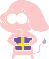 flat color style cartoon unsure elephant with christmas present