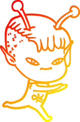Obraz premium warm gradient line drawing cute cartoon alien girl