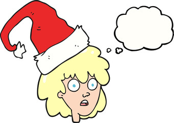 thought bubble cartoon woman with santa hat