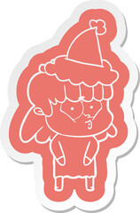 cartoon  sticker of a whistling girl wearing santa hat