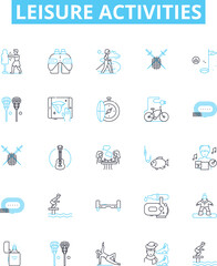 Leisure activities vector line icons set. Hiking, Bowling, Camping, Gardening, Swimming, Fishing, Yoga illustration outline concept symbols and signs