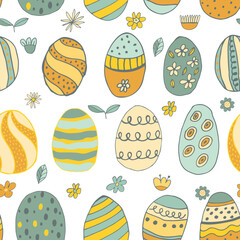 Vector seamless pattern from Easter eggs and flowers. Easter eggs. Traditional Easter ornament. Happy easter. Hand-drawn. Vector illustration.