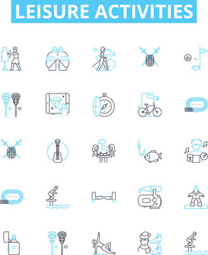 Leisure activities vector line icons set. Hiking, Bowling, Camping, Gardening, Swimming, Fishing, Yoga illustration outline concept symbols and signs