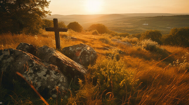 Cross on a Hill Outdoor With Natural Sunlight, Religious and Christian Concept, Faith Based Photography Concept - Generative AI
