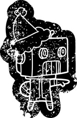 cartoon distressed icon of a robot wearing santa hat