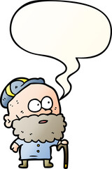 old cartoon man and walking stick and flat cap and speech bubble in smooth gradient style