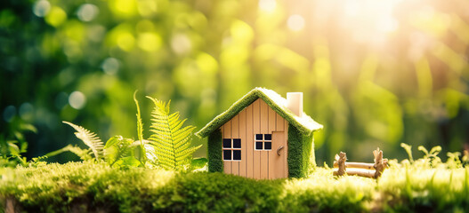 Eco house. Green and environmentally friendly housing concept. generative ai. Miniature wooden house in spring grass, moss and ferns on a sunny day