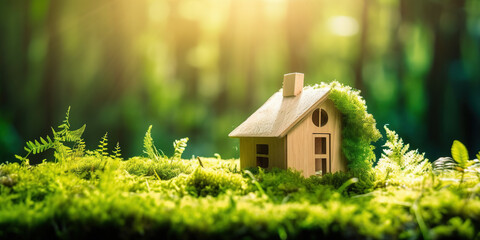 Eco house. Green and environmentally friendly housing concept. generative ai. Miniature wooden house in spring grass, moss and ferns on a sunny day - obrazy, fototapety, plakaty