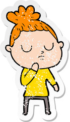 distressed sticker of a cartoon calm woman