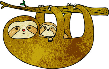 quirky hand drawn cartoon sloth and baby